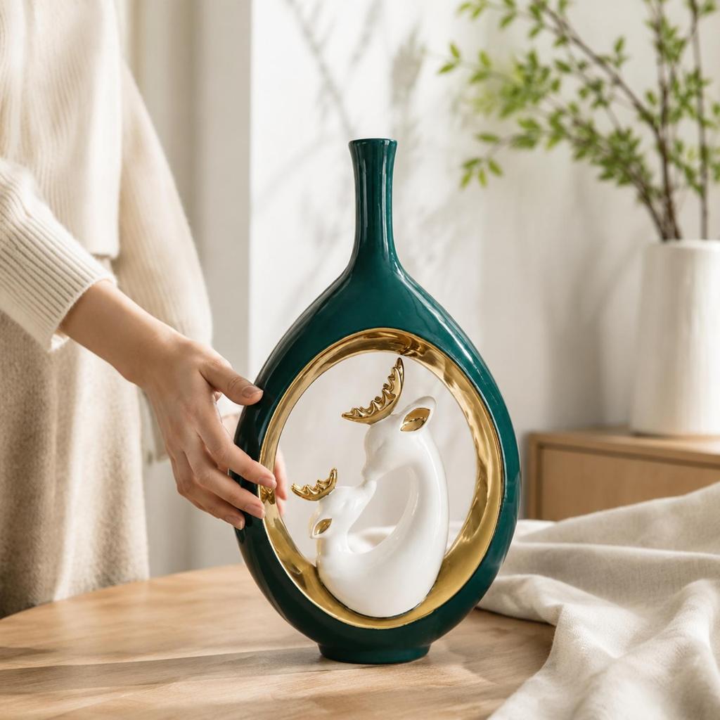 Ceramic Vase Forest-Inspired-Inspired with Gold-Toned Oval Inset Rustic