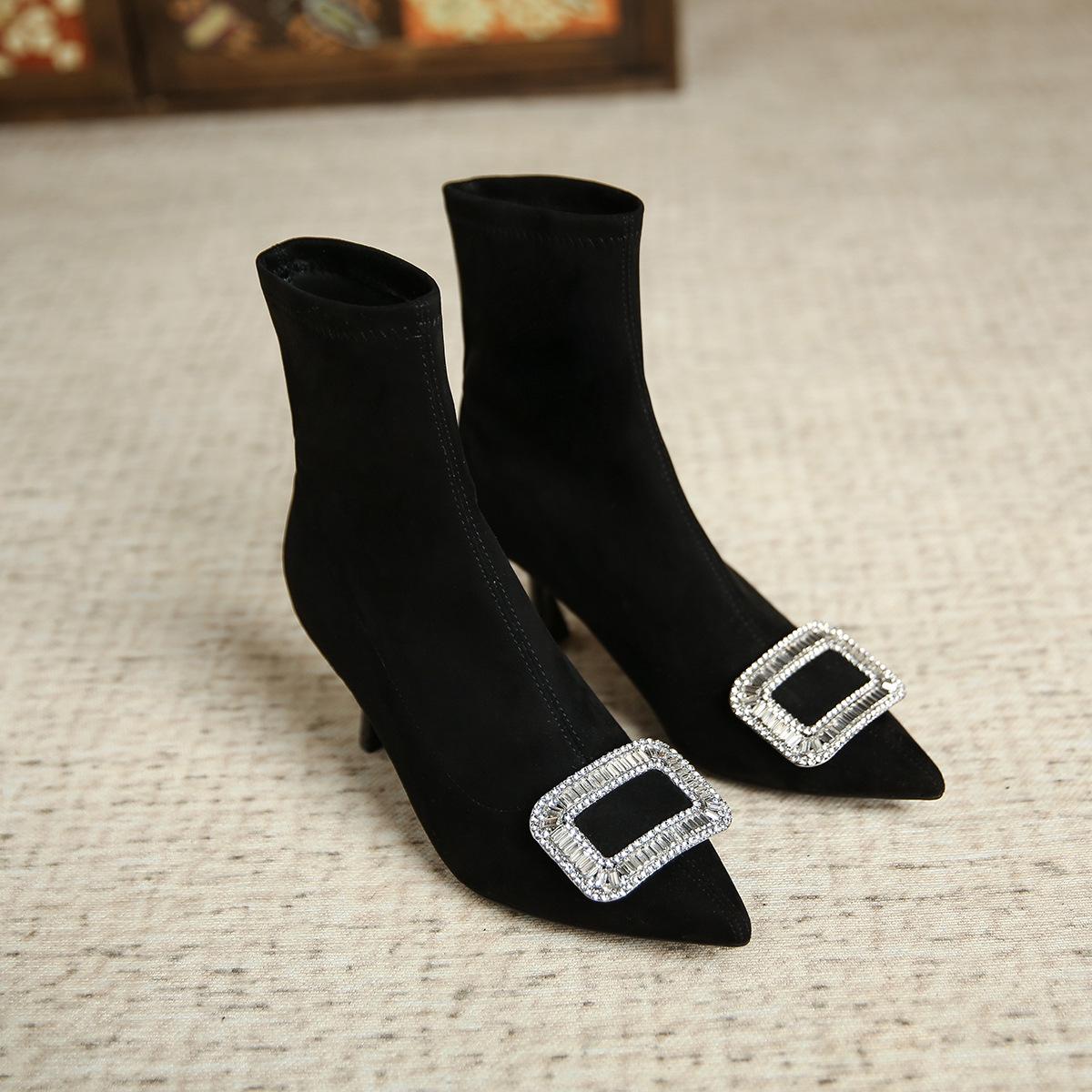 

Crystal Square Buckle Suede Pointed Toe Stiletto Ankle Boots for Women 40