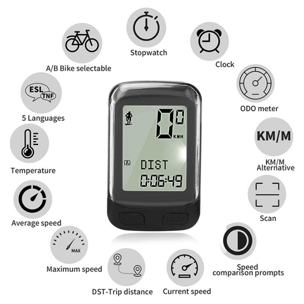 Mountain Road Bike Wireless Odometer Multifunctional Interface Large Screen Waterproof Velometer Support Five Languages