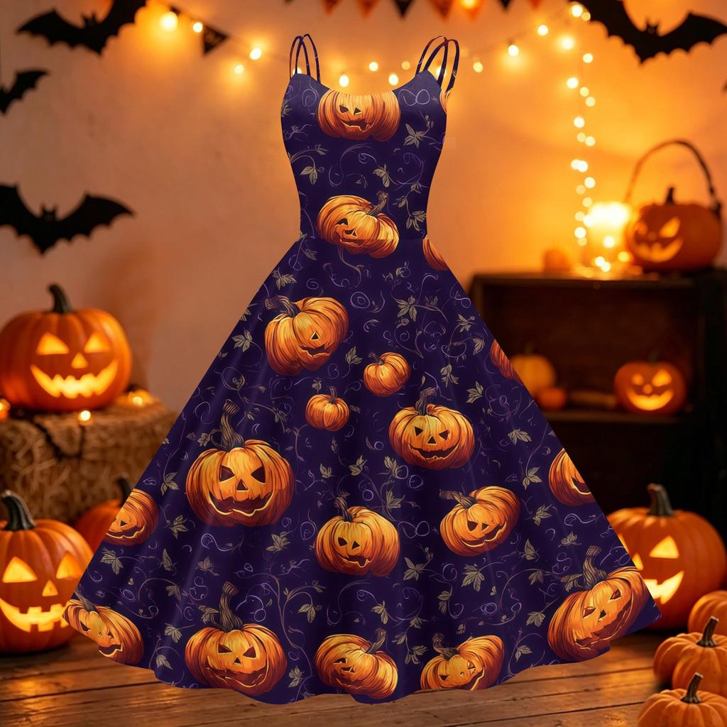 Womens Halloween Spider Web Pumpkin Print Off Shoulder Punk Vintage Dress Double Strap Sleeveless Flared Skirt Party Dress