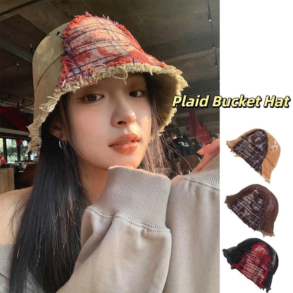 Beggar Style Plaid Bucket Hat Patched Sun Protection Basin Cap Fashion Retro Fisherman Hat  Women