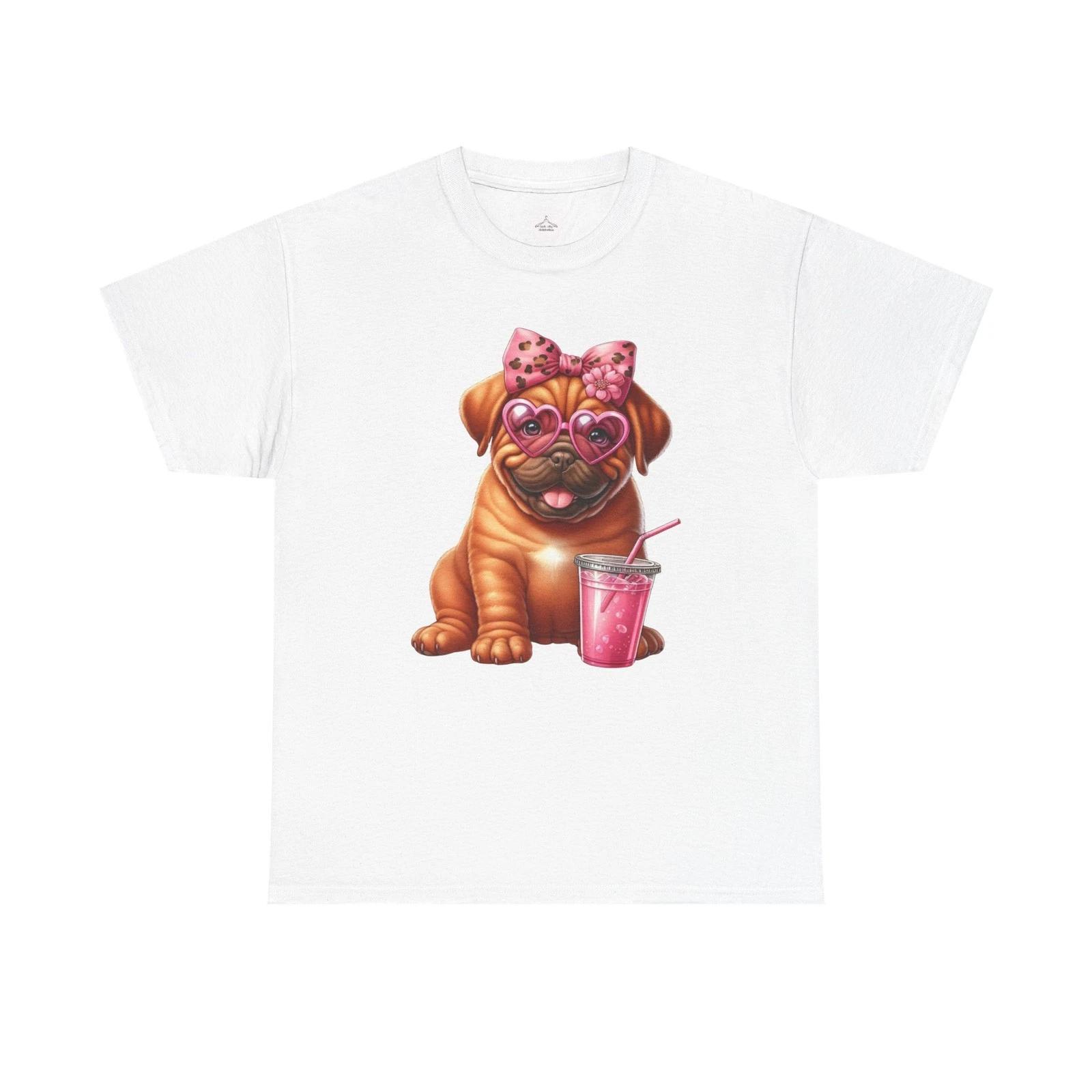 Cute Pug with Heart Sunglasses Tee | Pink Drink Puppy Design 3XL
