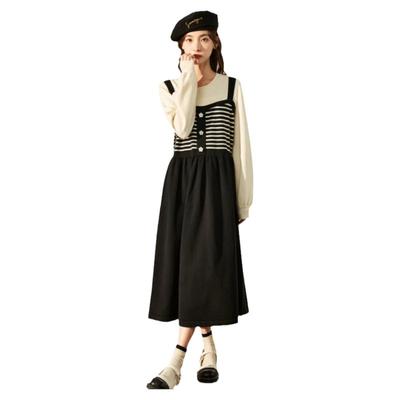 TonLion Women's Black Stripe Faux Two-Piece Dress