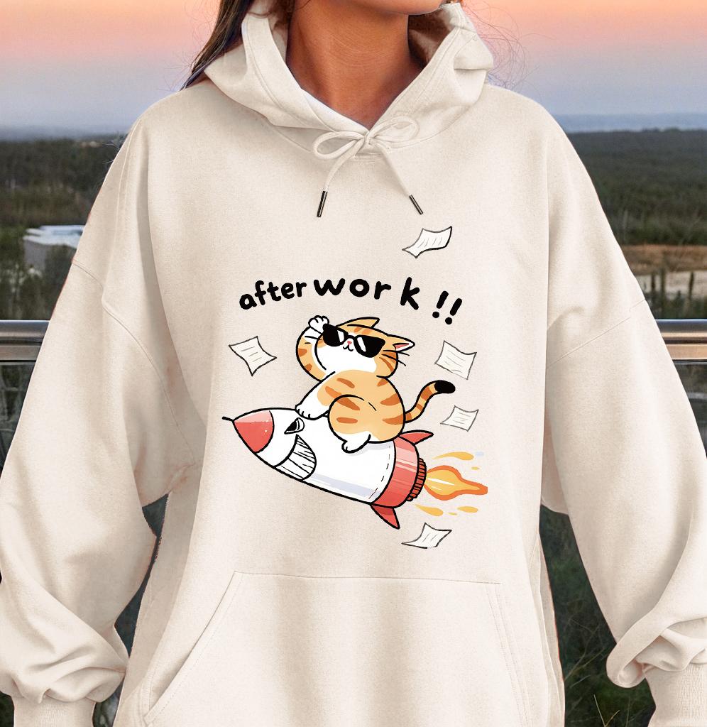 Creative After Work Rocket Cat Design Unisex Hoody Cartoons Creativity Clothing Warm  Soft Sportswear Crewneck  Basic Clothes