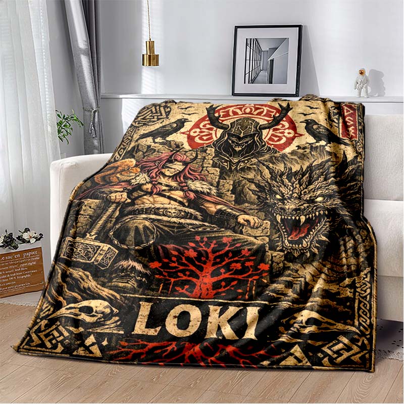 Odin Norse God Fleece Blanket, Viking Odin on Yggdrasil Throne with Wolves and Ravens Print Throw Blanket, Soft Blanket for Sofa Bedroom Decor
