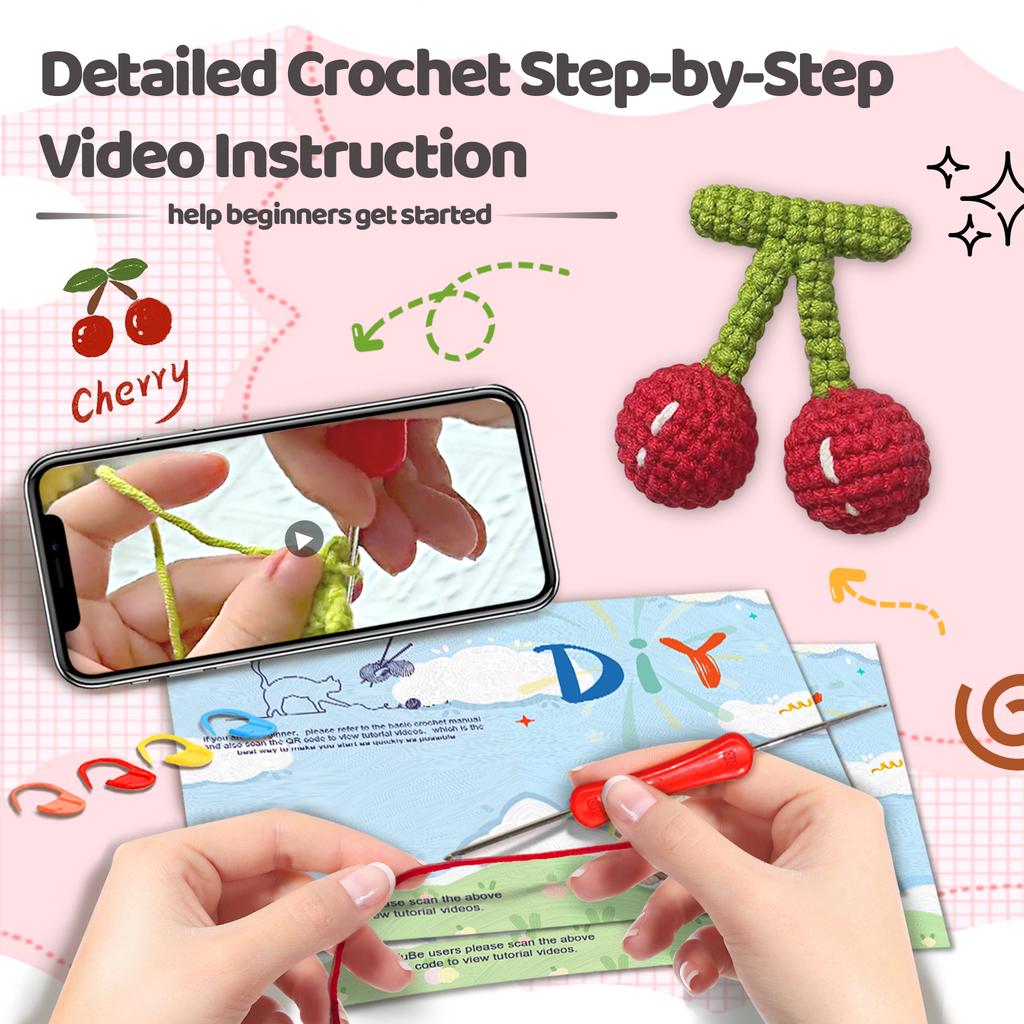 1PC Cherry Crochet Set for Beginners,Include Step-by-Step Video Tutorials(Accessories In Random Color)