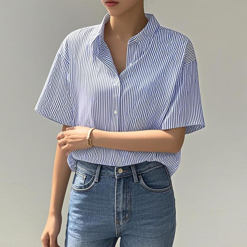 

ZANZEA Женская повседневная блузка в полоску с отложным воротником, свободного кроя, с коротким рукавом 2XL синий