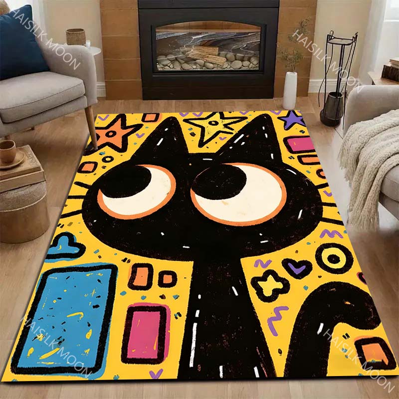 1PC Black Cat with Colorful Background Carpet for Living Room Bedroom Sofa Home Decor Rus Non-slip Floor Mat Luxury Gift