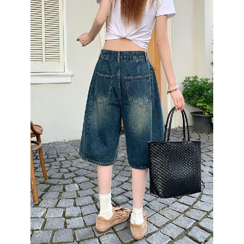 Stylish Embroidered Women's Denim Shorts 2026 Summer Loose Wide-Leg Straight Pants