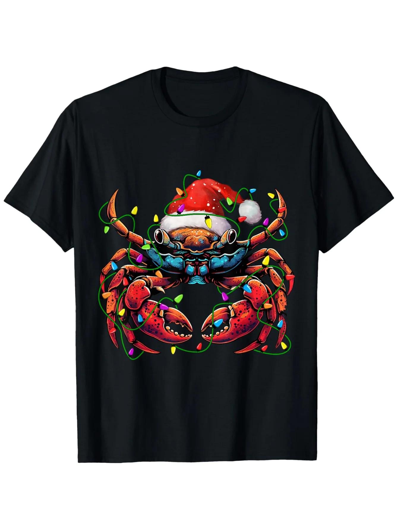 Crab Santa Christmas Lights Graphic Unisexs Cotton Crew Neck TShirt S
