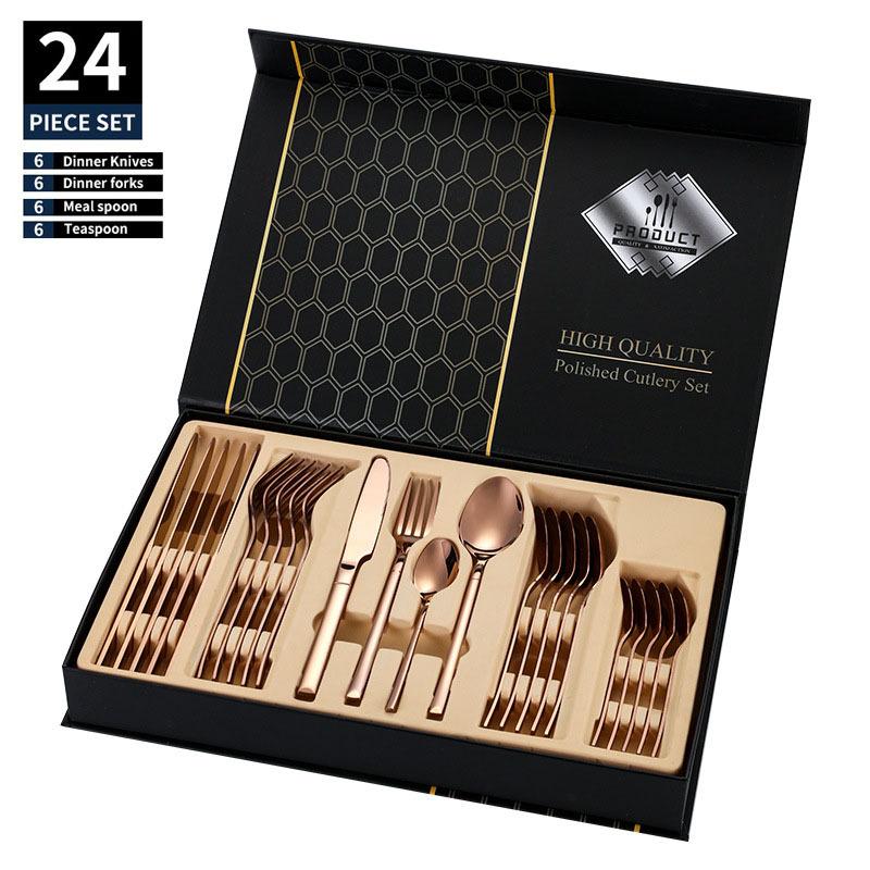 Stainless steel tableware, Knight series set, 24 piece Western style steak knife, fork, spoon set, gift box light luxury