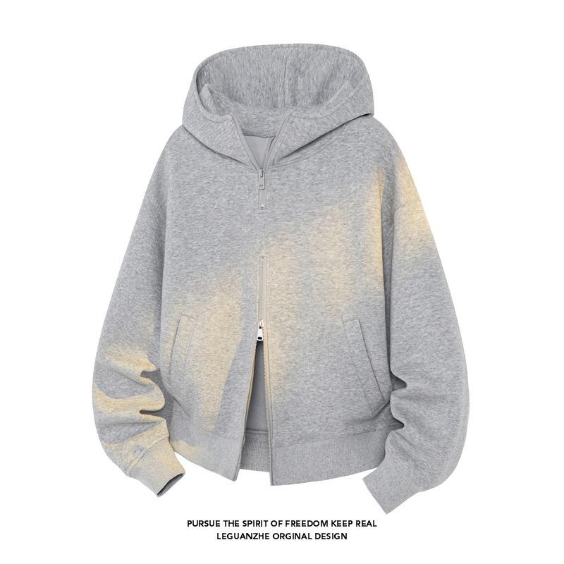 Men Loose Heavy Weight Double Zipper Hooded Sweatshirt Casual American Style Top