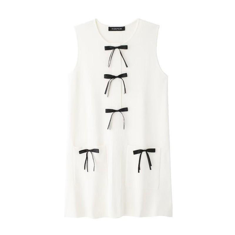 

European American Women s Clothing Summer Fashionable Bow Decorated Knitted Short Dress L off білий колір