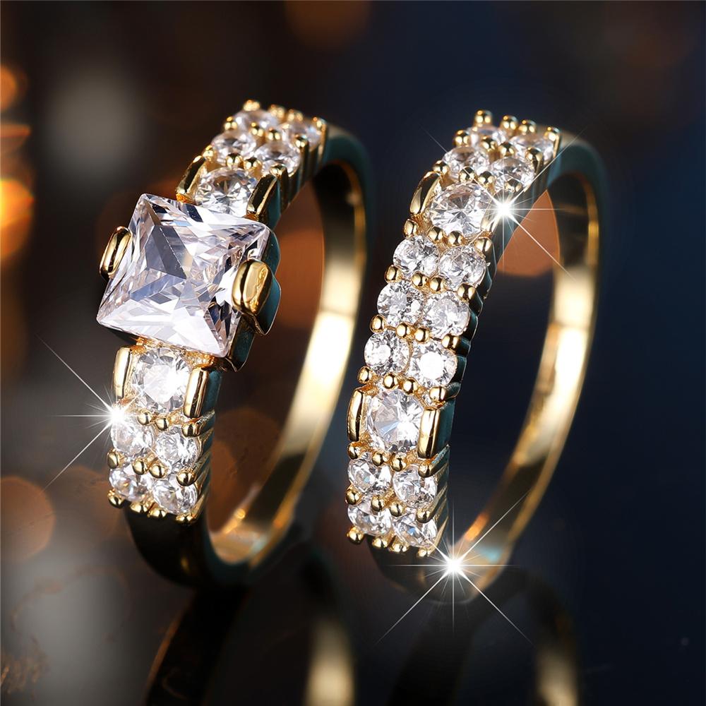 2pcs Female Gold Color White Zircon Stone Square Ring Set Vintage Gold Color Bridal Wedding Bands Party For Women