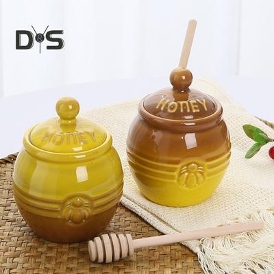 Vasetto per Miele in Ceramica 350ml Vaso per Miele da Fattoria con Bastoncino Mielatore in Legno Dispenser per Miele Retro Decorazione Cucina per Festa della Mamma Regalo per Moglie
