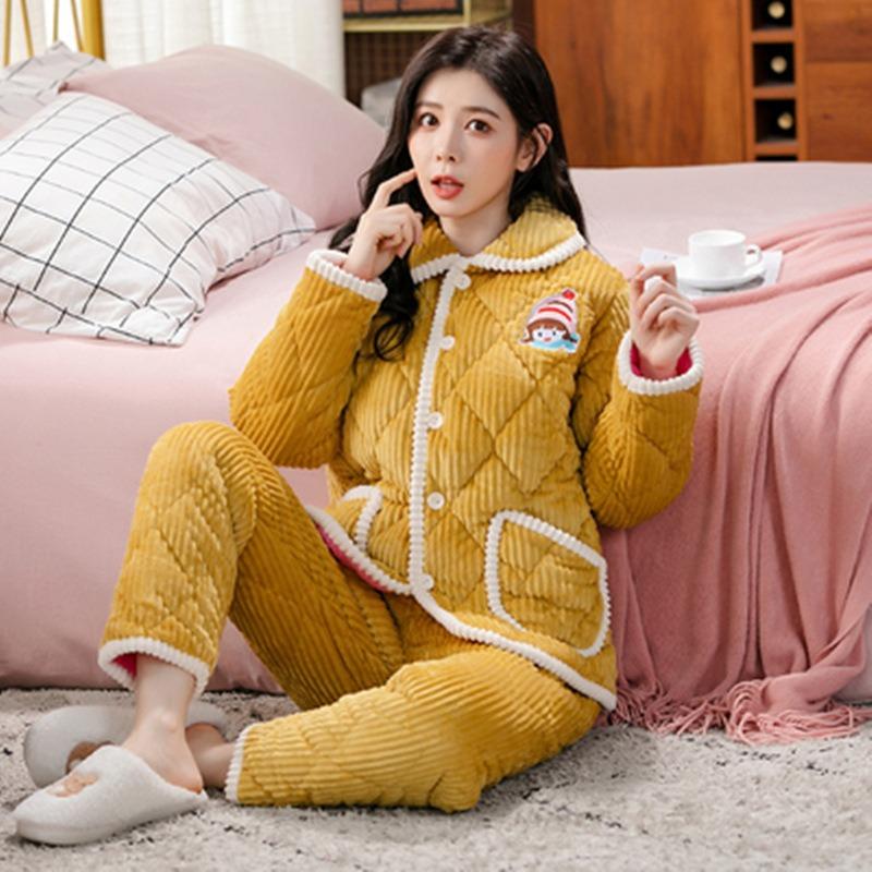 Coral fleece women's pajamas three-layer padded cotton thickened pregnancy postpartum breastfeeding set thermal loungewear