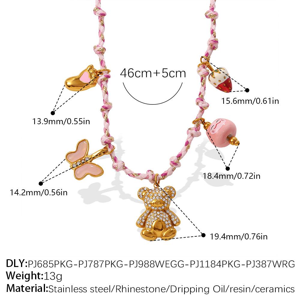 Pink rope bear strawberry necklace butterfly love diamond set sweet and cool niche neck chain bracelet set