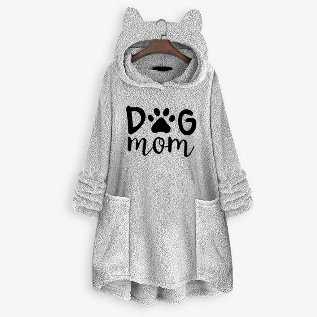 Women Fleece Embroidery Cat Ear Plus Size Hoodie Pocket Top Sweater Blouse