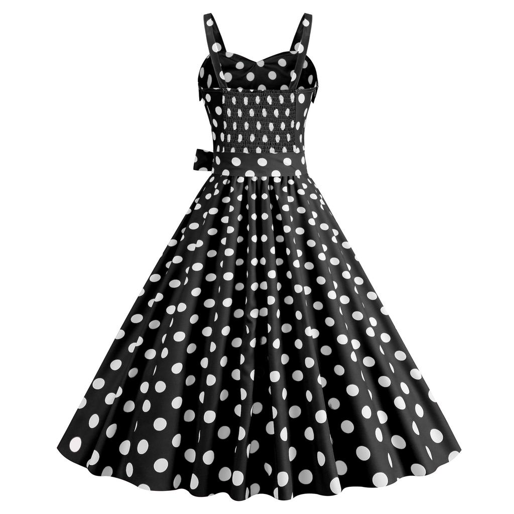 Women Vintage Dress 50s Retro A-line Big Swing Sleeveless Dot Print Contrast Color Elastic Bust High Tight Waist Backless Knee Length Evening