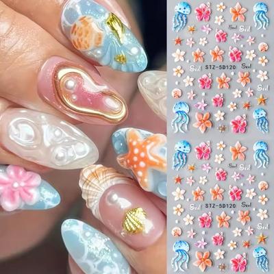 Summer Flower Nail Art Stickers Decals Jellyfish 5D Embossed Nail Decals 2PCS Flowers Starfish Jelly Design Summer Nails Adhesive Sliders Flower