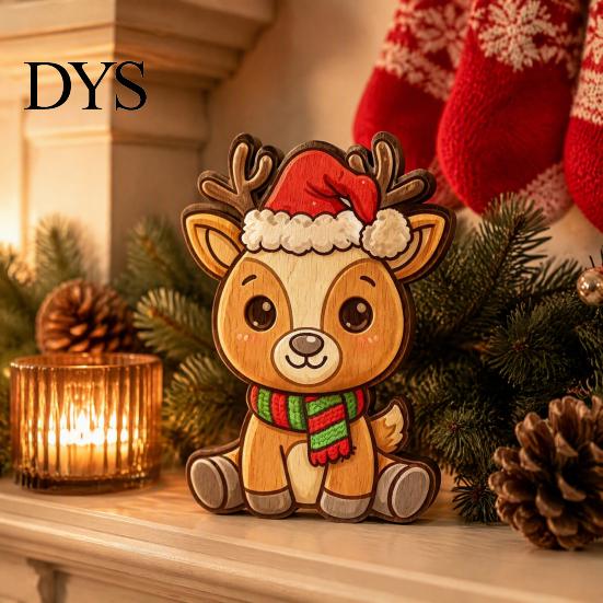 Wooden Christmas Ornaments Elk Figurine with Santa Hat And Scarf, Cartoon Deer Tabletop Decoration Ornament for Holiday Home Party Decor, Stable Base