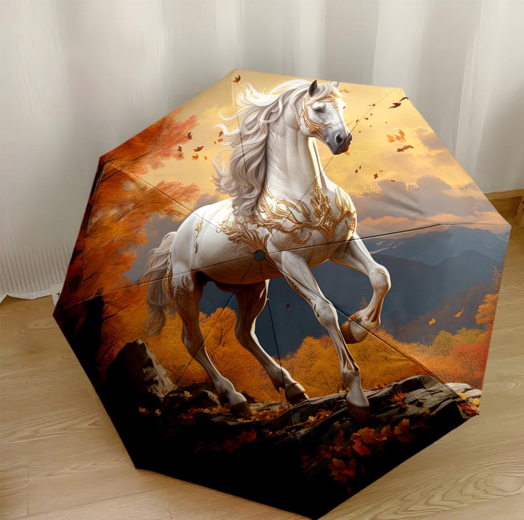 Epic Horse In Autumn Landscape Portable Automatic Umbrella Compact 8-Rib Lightweight Sturdy Construction Travel Essential Elegant Umbrella
