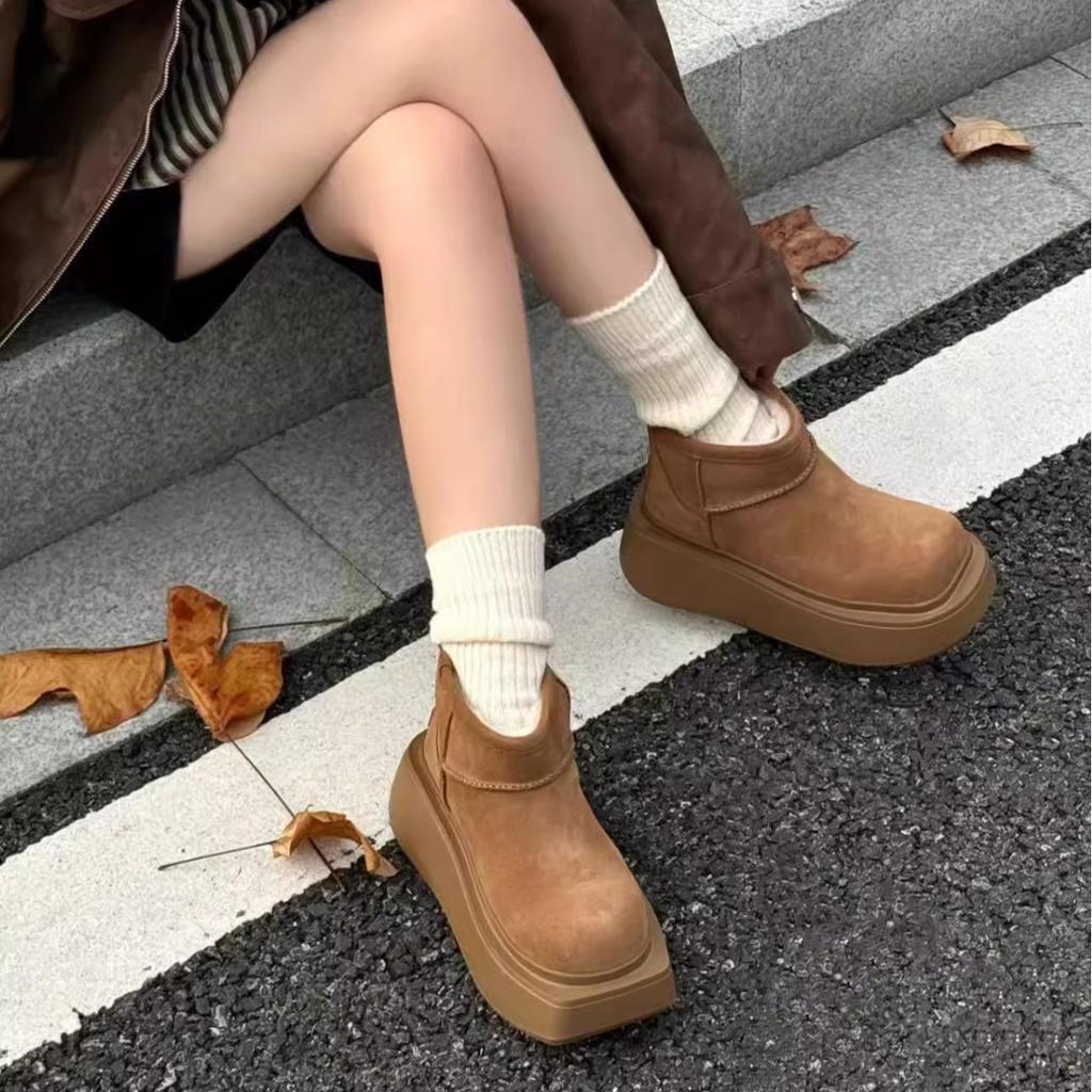 Soft leather version~ square round head warm and heightened snow boots for women's 2024 autumn and winter new thick-soled plush short boots ins