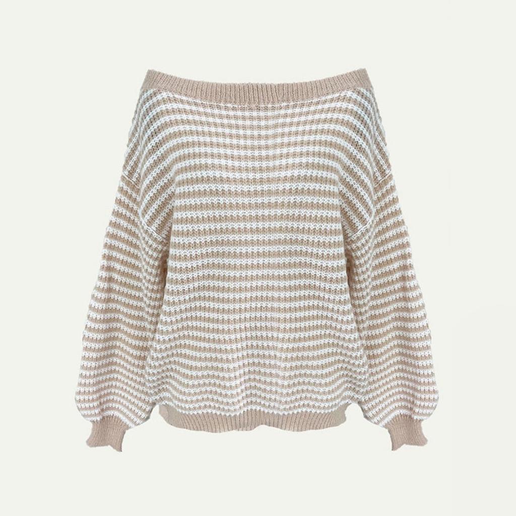 Versatile Knitted Top One-Row Neck Lace-Up Style Sweater Loose Fit Striped Lantern Sleeve Tops
