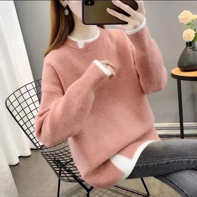Pull épais en maille grande taille pour l'automne/hiver - Coupe ample, style coréen, look deux pièces, tricot décontracté pour femmes