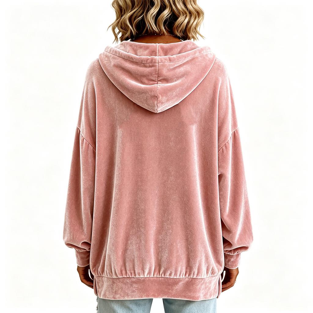 Women's Color Hooded Velvet Sweatshirt Long Sleeve Casual Pullover Top