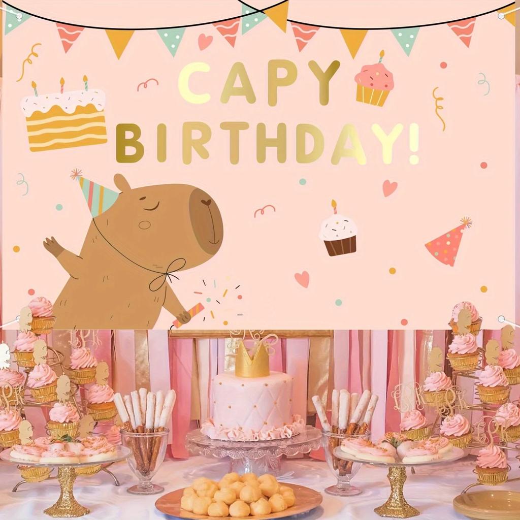 Uno sfondo carino per il compleanno con una capibara dei cartoni animati e gelato con scritto "Buon Compleanno!" Invia un testo per festeggiare un compleanno adatto alle ragazze