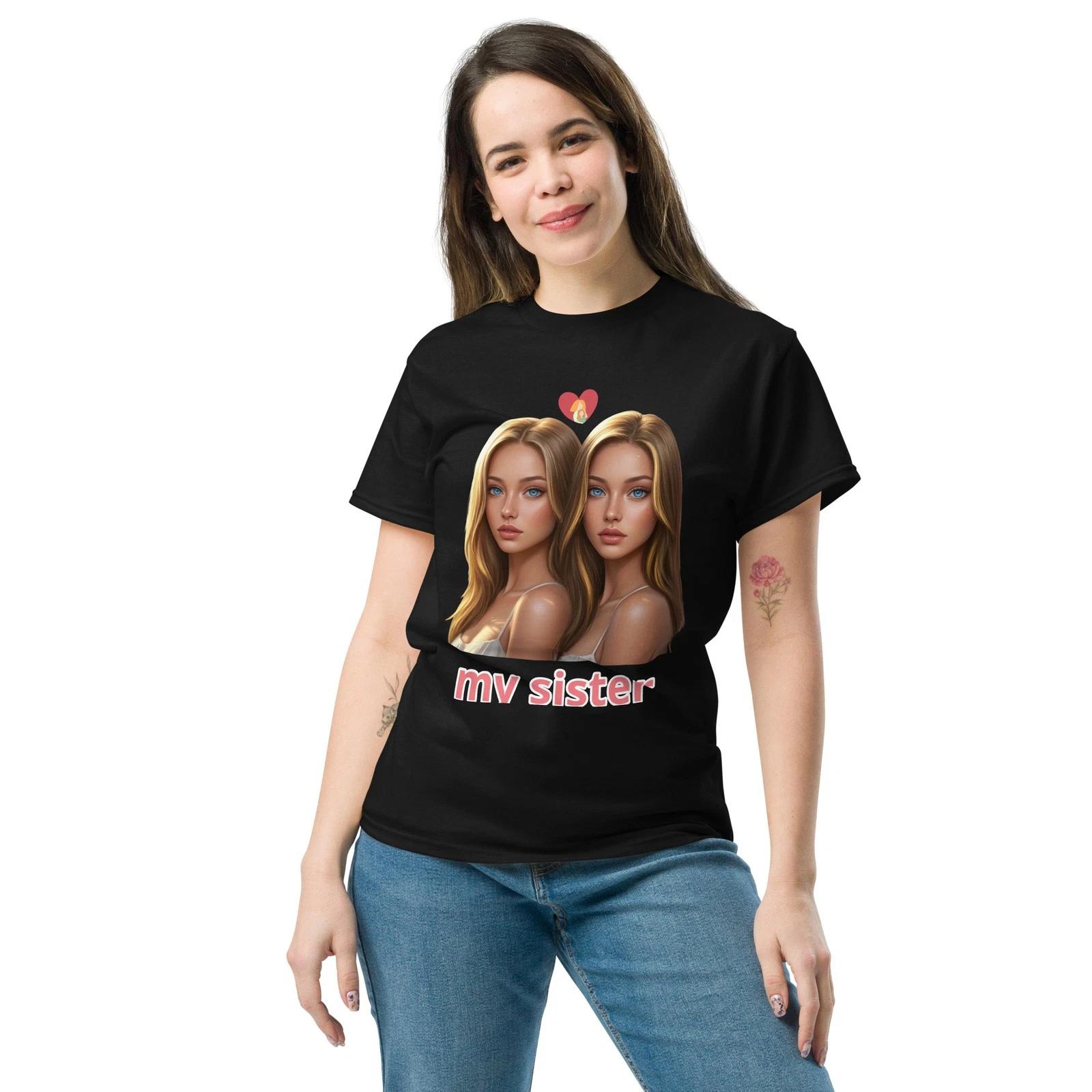 T- Shirt Donna - My Sister Graphic Tee - Twin Sisters Portrait Blue Eyes Art S