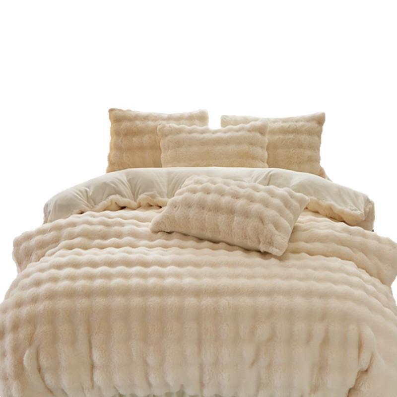 Premium Winter Rabbit Fur Plush Four-Piece Set: Thickened Coral Fleece & Milk Velvet Duvet Cover with Faux Fur Three-Piece Bed Sheet Set.