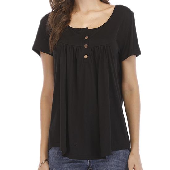 

Весенне-летняя повседневная женская одежда в европейском и американском стиле с рюшами и пуговицами, свободная модная футболка с коротким рукавом, топ S чёрный