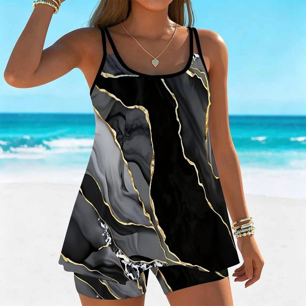 Women's Swimwear Tankini 2 Piece Swimsuit Fluid Marble Pattern Vacation Bathing Suits