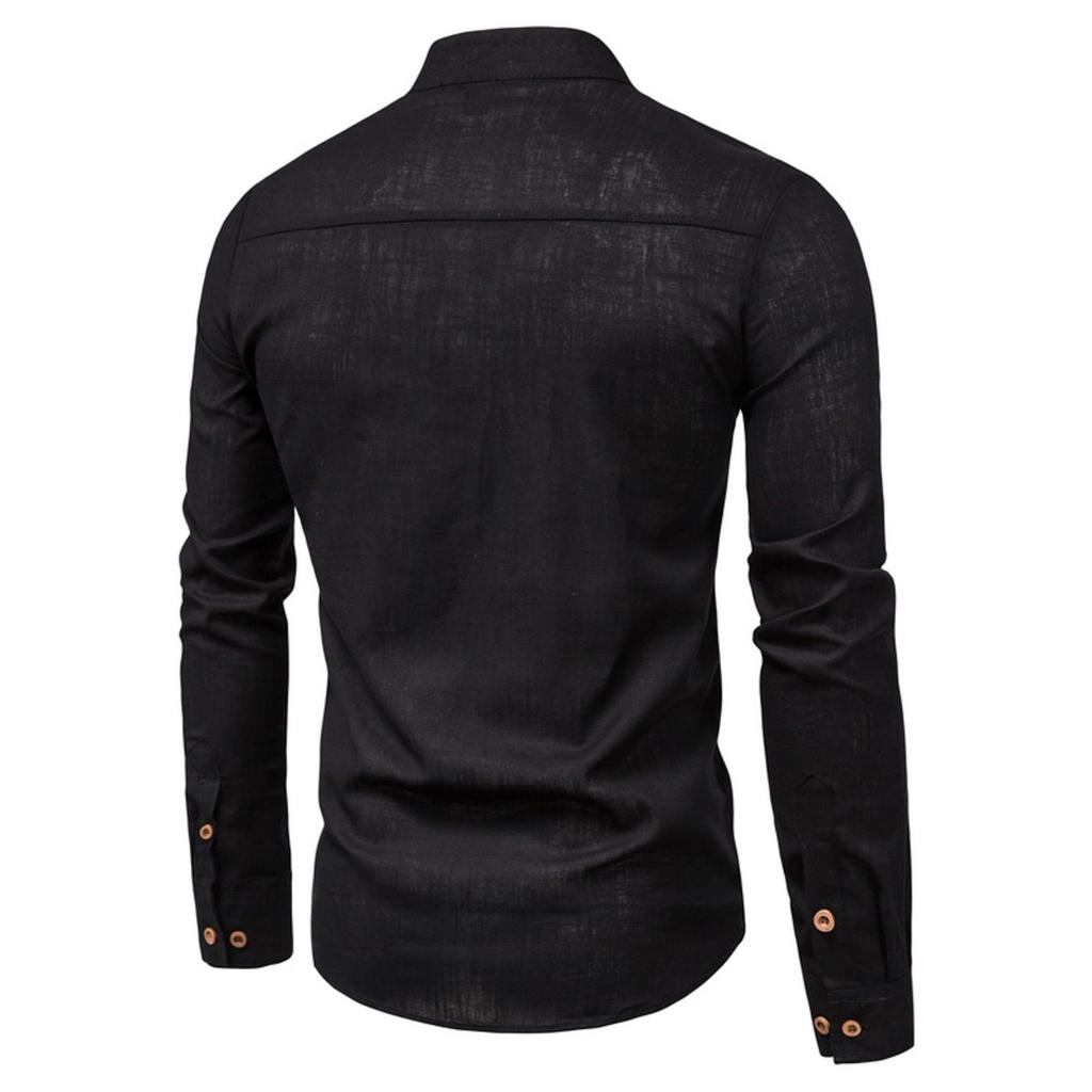 Chemise Homme Mode Coupe Ajustée Couleur Manches Longues Col Montant Business Coton Chanvre Demi-Ouverte