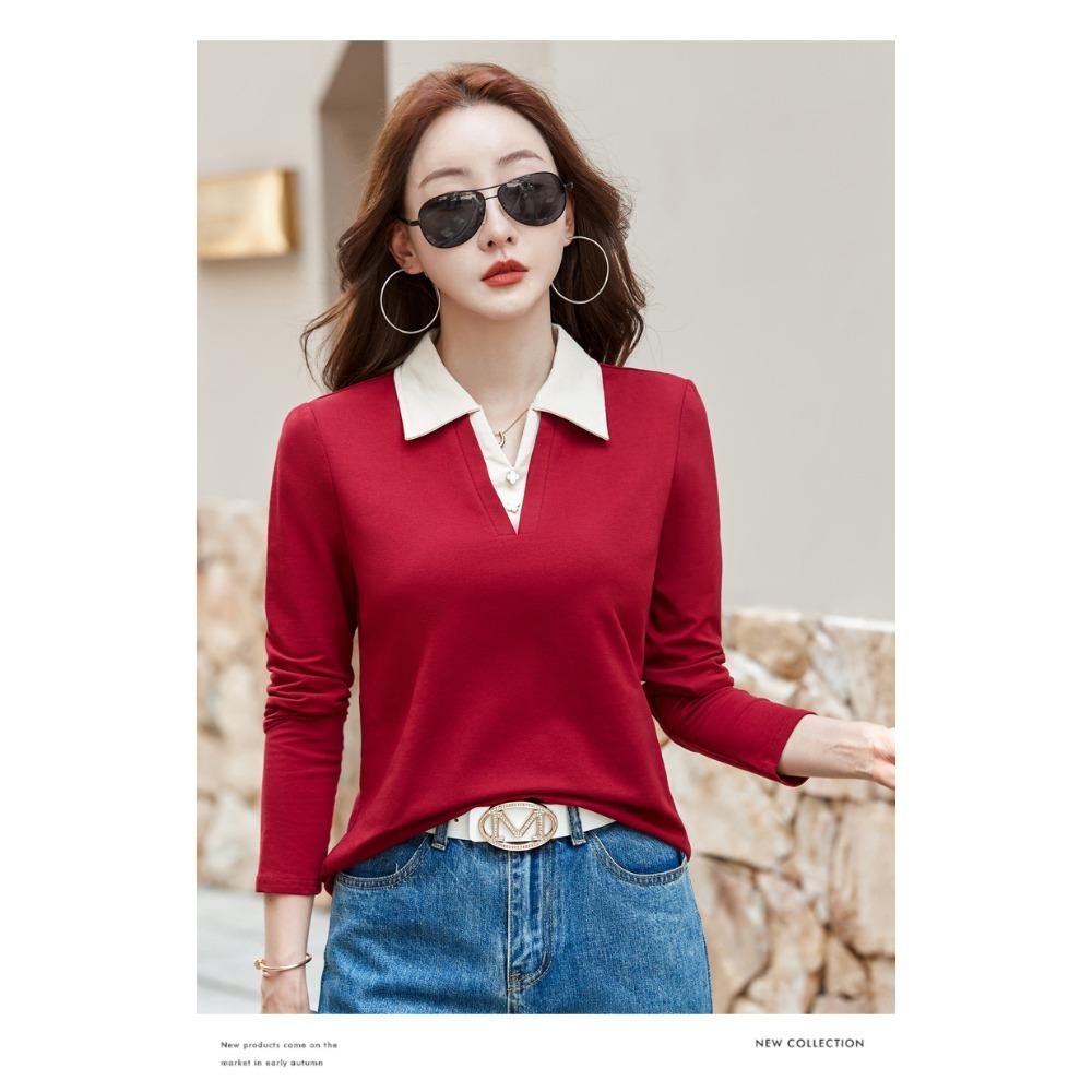Autumn Winter Women's Long Sleeve T-Shirt Lapel Collar Casual Top