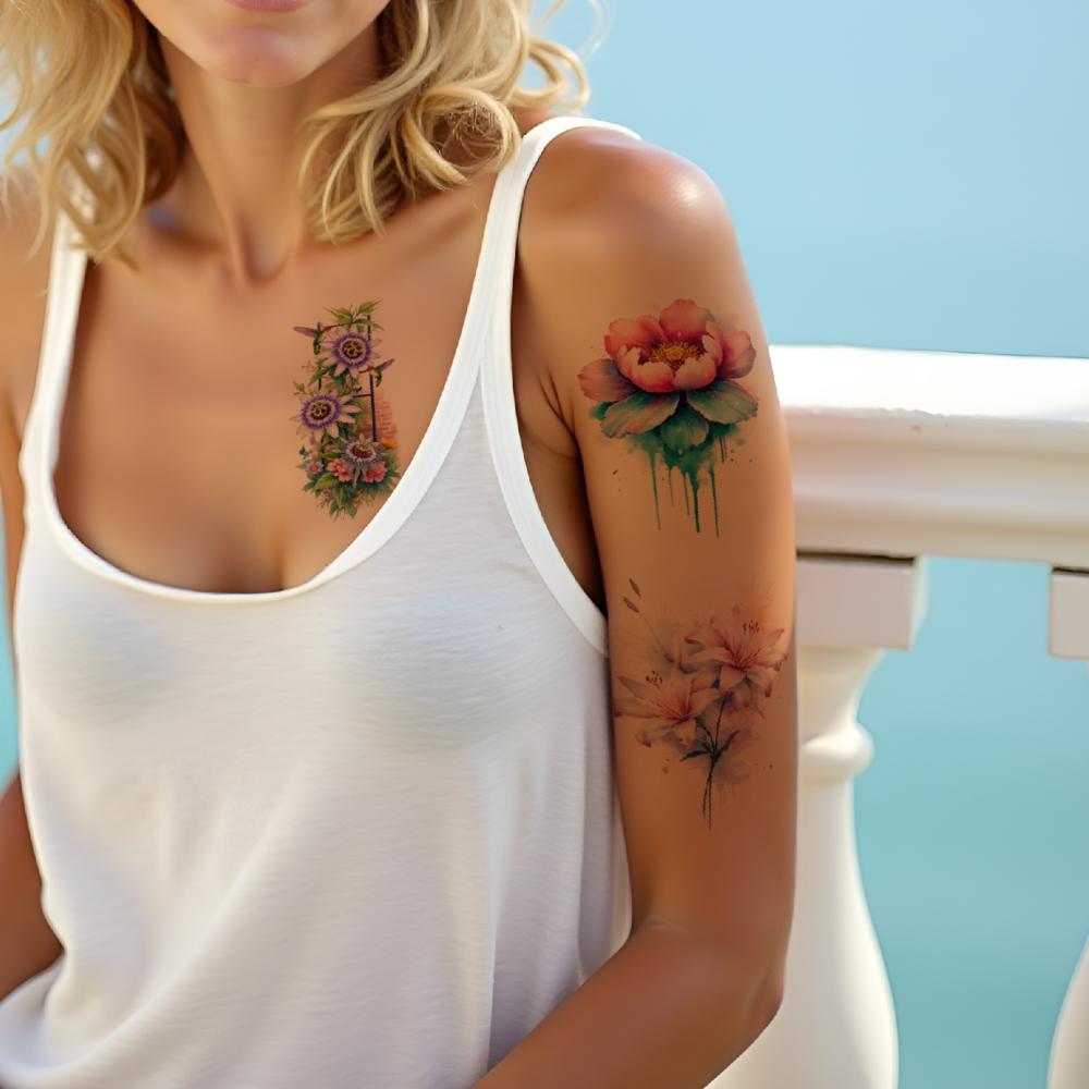 9pcs Temporary Tattoo Watercolor Wisteria Arch Sunflower Pine Tree For Chest Children Arms