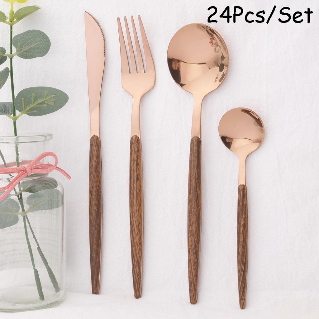 24 ks Černozlatá sada příborů s dřevěnou rukojetí Nerezová sada nádobí Nůž Vidlička Kávová Malé lžičky Stolní nádobí Kuchyňské Stříbrné nádobí