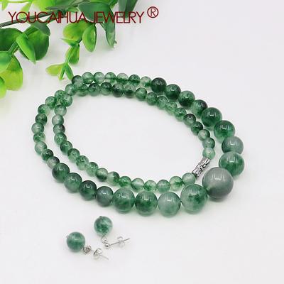 6–14 mm natürlicher grüner Granit, Jade, Chalcedon, Turm, runde Perlen, Halskette/Ohrstecker-Sets, Accessoire-Halskette, Geschenke für Frauen und Mädchen, 45,7 cm