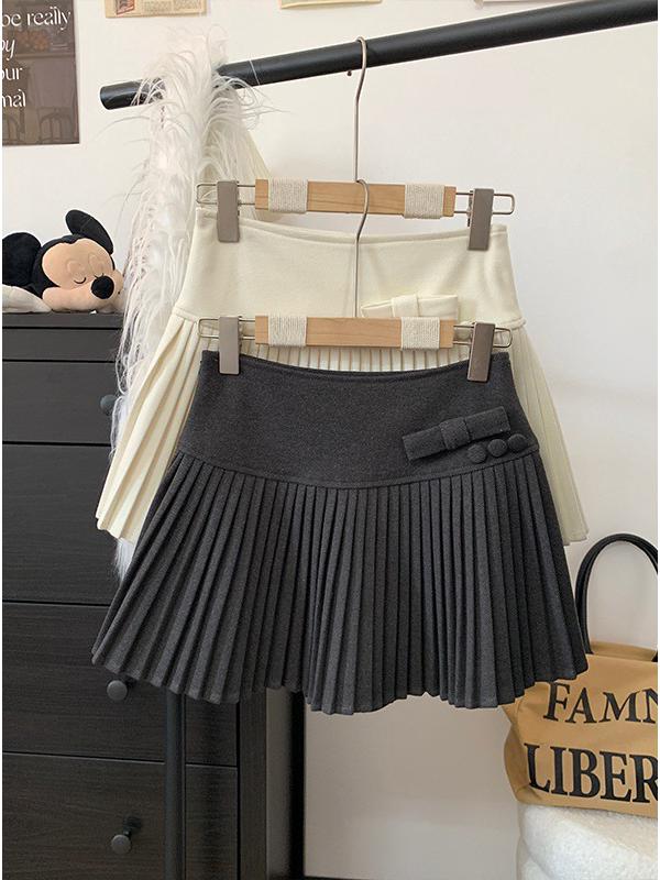 Women's Plus Size High-Waisted Woolen Pleated A-Line Skirt with Bow