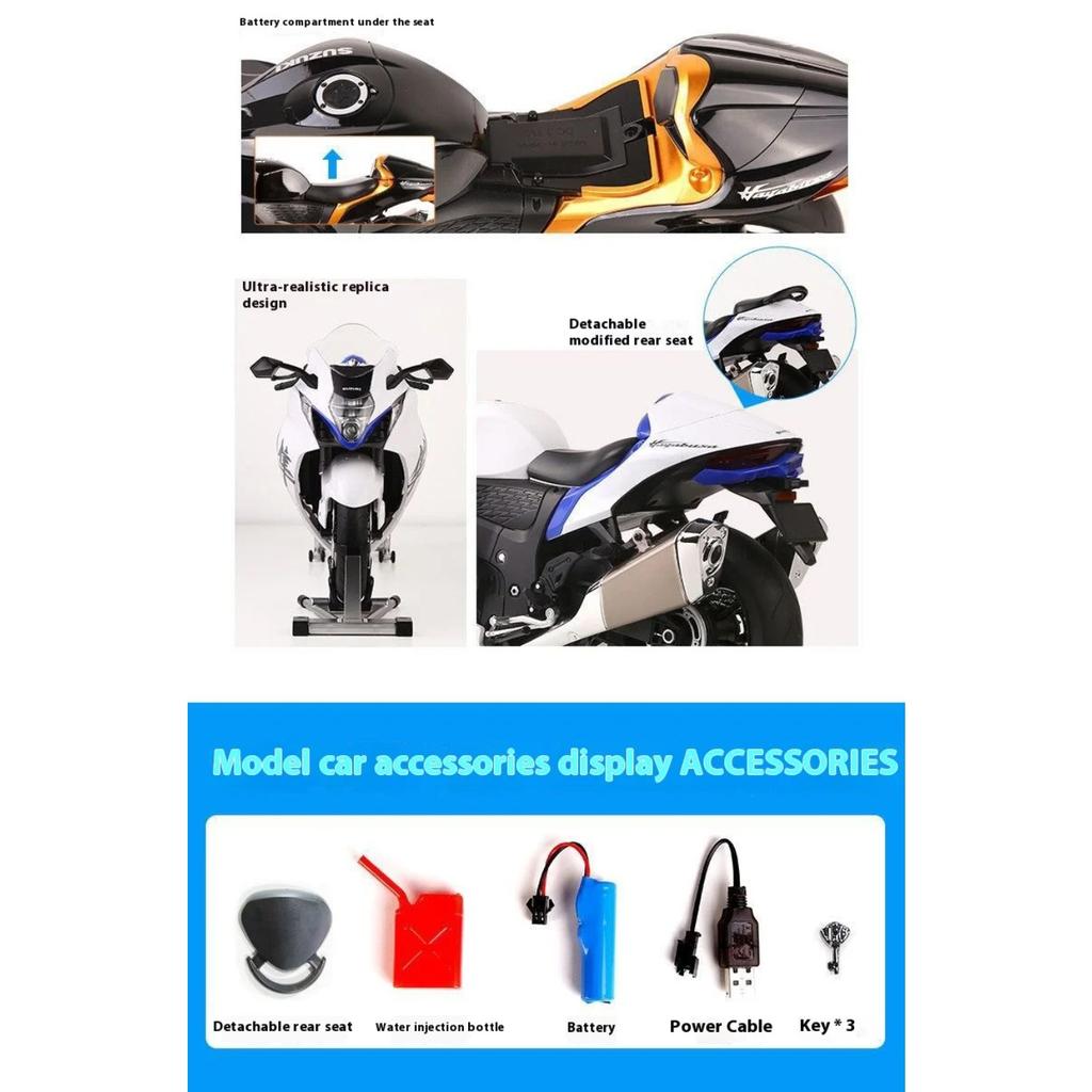 1/6 Suzuki Hayabusa Cool Alloy Motorcycle Model, Cool Sound and Light, Exhaust Pipe Sprayable, The Best Collection for Motorcycle Enthusiasts