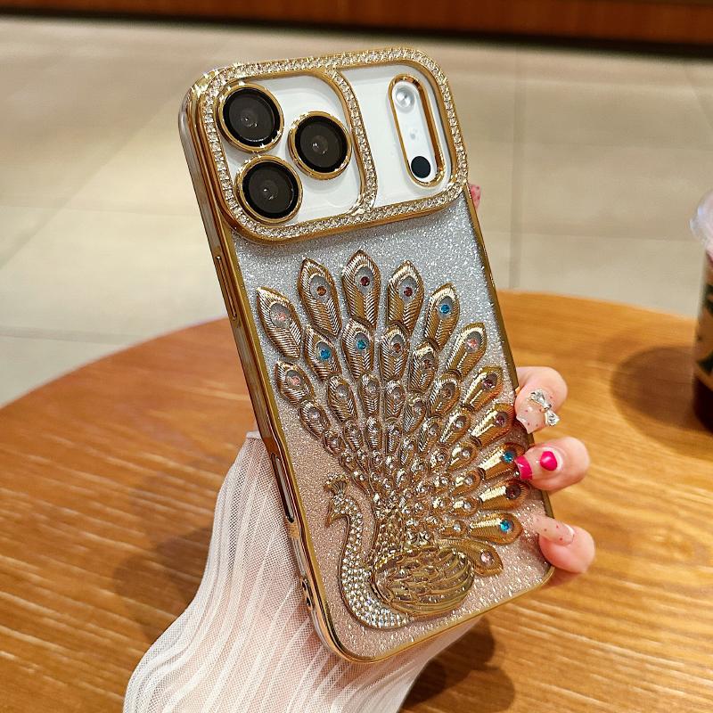 

New Luxury Solid Color Plating Glitter Peacock Shockproof Phone Case For iPhone 17 Pro Max 15 13 14 16 Pro Max Bumper Back Cover iPhone17 золотой