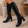 Large-sized, Thick-heeled, High-top, Shiny Knight Boots, Women's Shoes, Square-toed, Elegant Long Boots
