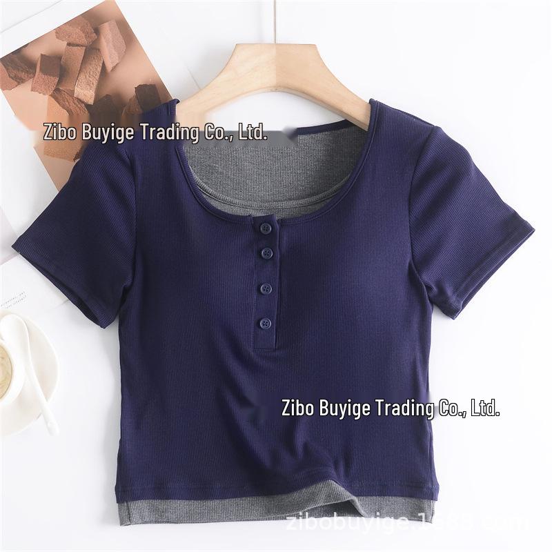 Women's Slim Fit Color Block Two-Piece Look T-Shirt with Chest Pads - Summer Style Short Sleeve Top