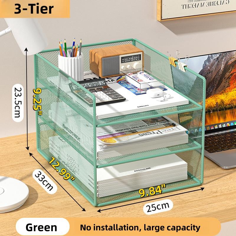 Kontorsfilorganisatör Kapacitet Metallnät Skrivbordsorganisatör med Trevåningsdesign Multifunktionell filhållare Pappersförvaringsställ