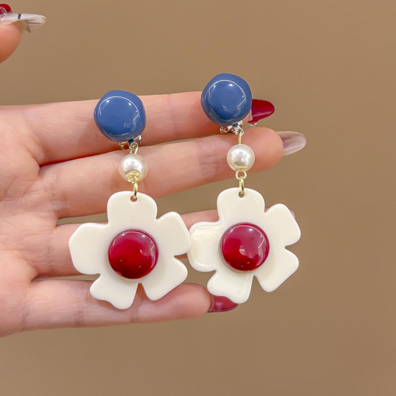 80s Hong Kong Style Red & Blue Clip-On Earrings for Non-Pierced Ears – High-End French Luxury Stud Hoops