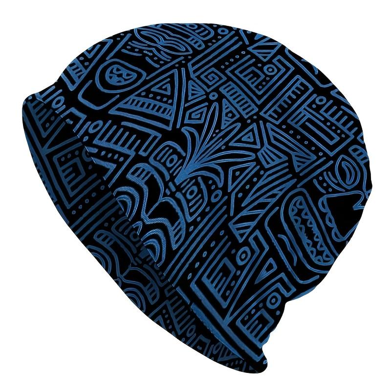 1pc Men's Bohemian Tribal Knit Hat - Blue Tribal/Boho Pattern, Lightweight Stretch Fit Winter, Durable Knitwear for Outdoor & Festival (Christmas/Than