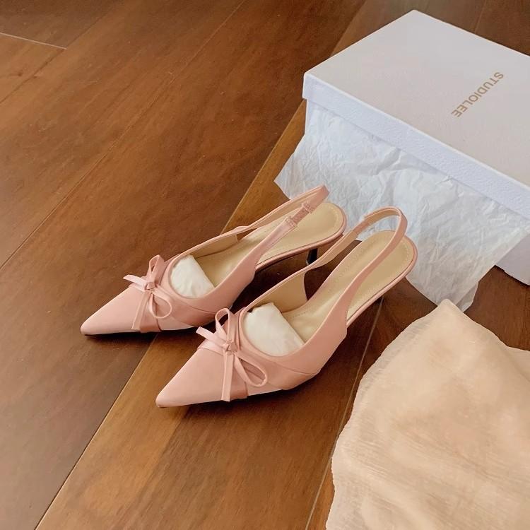 Grape Mother, the Same Style Shows Leg Length 7cm, Small Stiletto Heel, Satin Bow, Pointed Head, Rear Empty Single Shoes, French Bag Head Sandals.