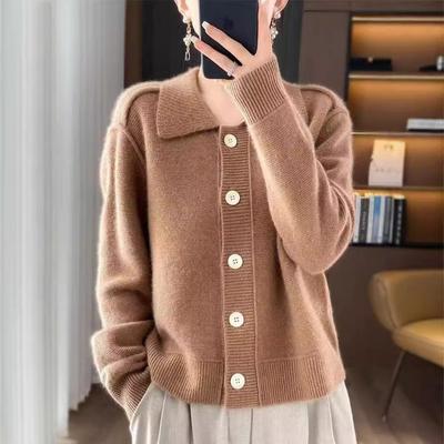 Polo Neck Knitted Cardigan Jacket Sweater Women's Autumn and Winter Lapel Thickened Outer Knitted Sweater Top Tide